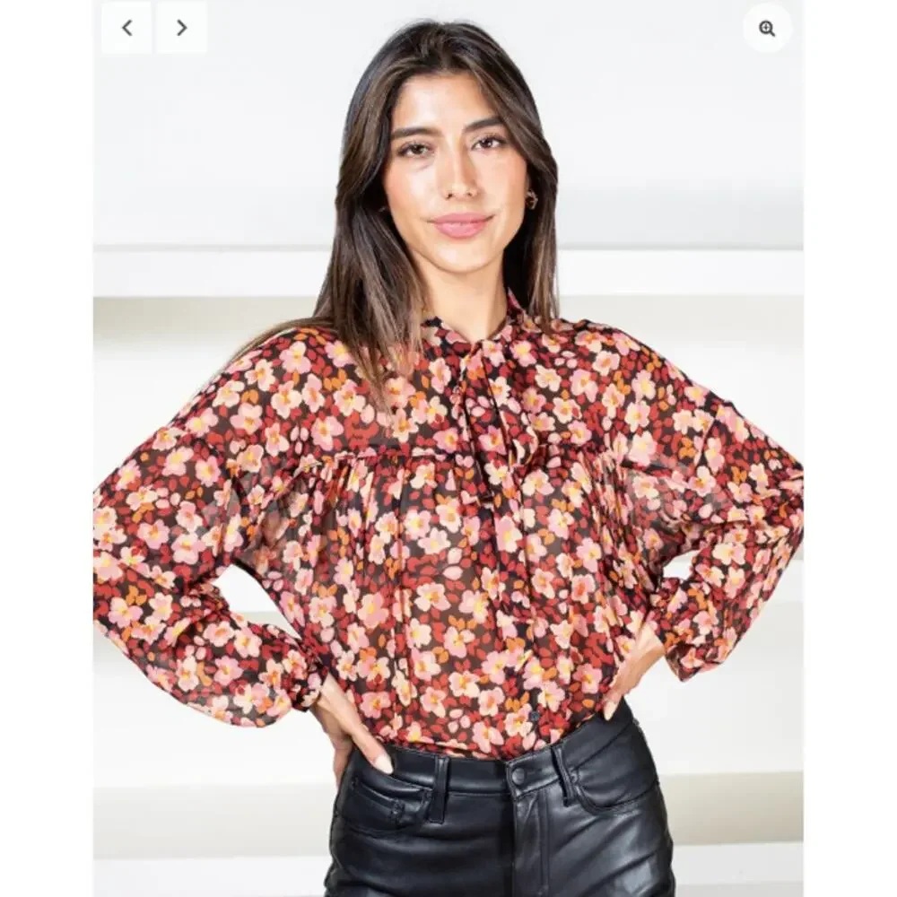 SANCTUARY NWT Tie Neck Floral Ruffle Blouse in Strawberry Fields // XL - Picture 14 of 14